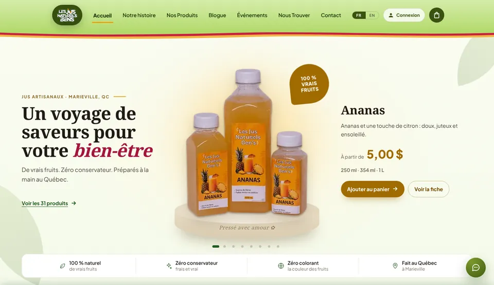 Page d'accueil du site Les Jus Naturels Ben's
